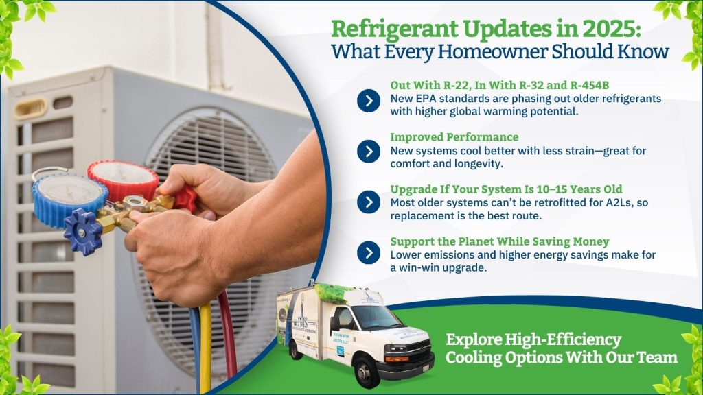 This is an image of an HVAC technician checking the refrigerant levels in an AC unit headline reads refrigerant updates in 2025: whatever every homeowner should know