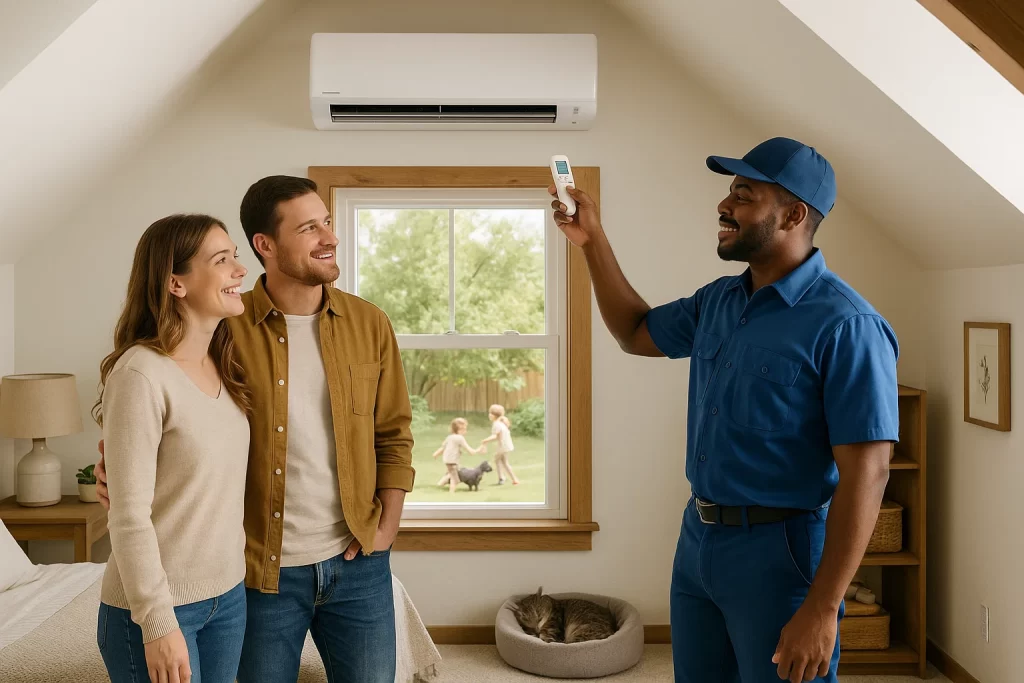 Homeowner and HVAC technician adjusting ductless unit in attic bedroom