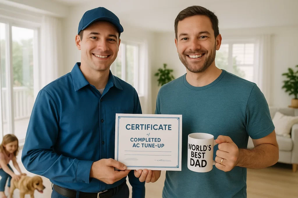 Dad receiving AC tune‑up certificate and coffee mug from technician indoors