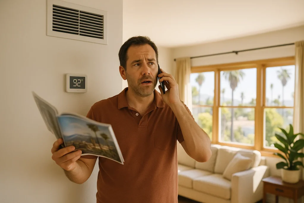 Homeowner fans themselves near thermostat while calling for AC service during summer outage