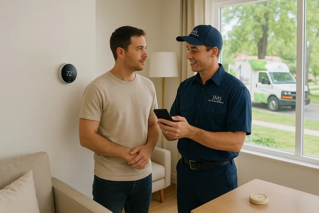 Homeowner and HVAC technician review smart thermostat features on smartphone