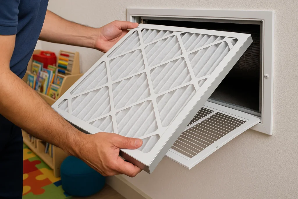 Technician replacing high-efficiency filter near children’s reading nook