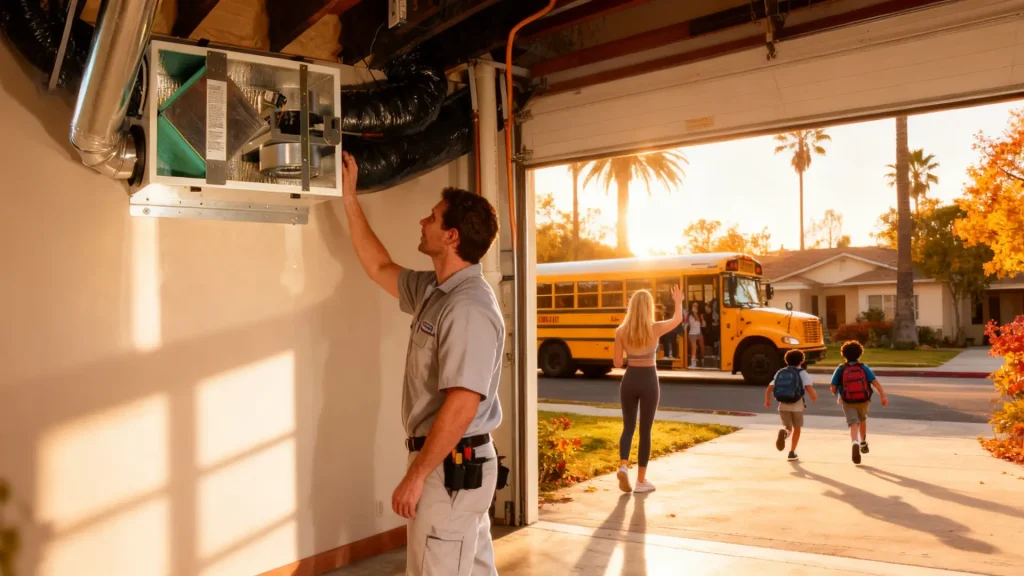 An HVAC technician installing a ERV in residential garage.
