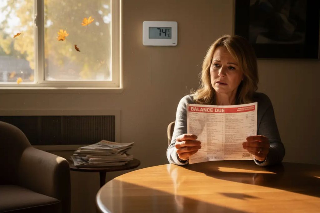 Glendale homeowner reviews a high energy bill near a dusty HVAC vent during fall.