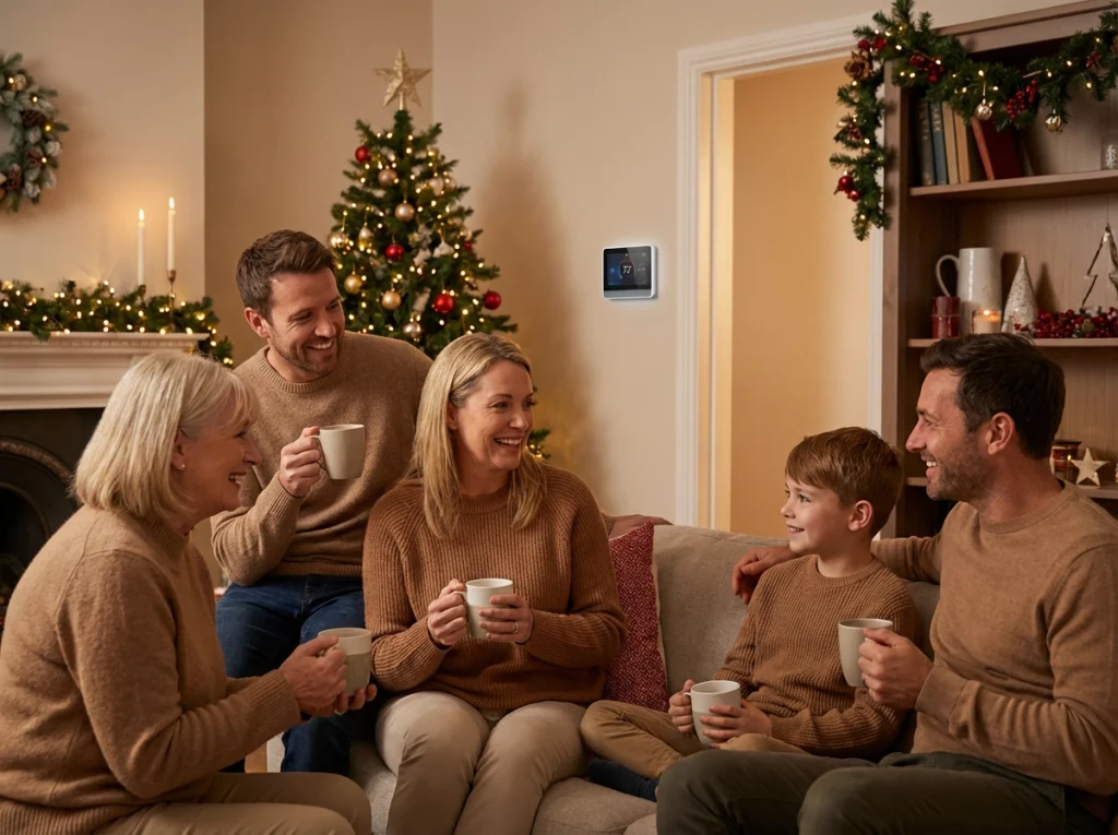 Family enjoying a cozy holiday evening in a warmly heated living room decorated for Christmas.