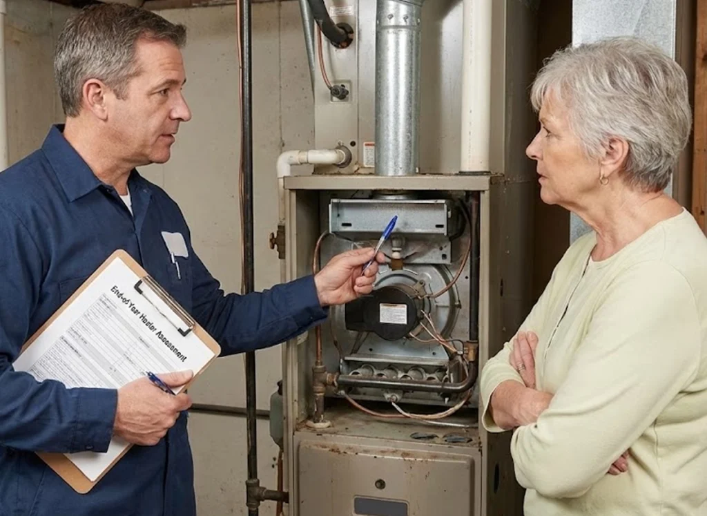 HVAC technician performing year-end heater checkup with homeowner visualizing repair vs. replace options.
