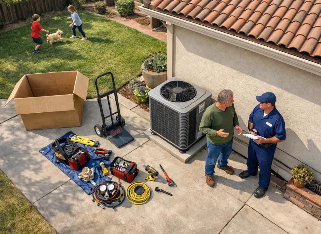 A homeowner in an HVAC technician standing on the side of the house discussing a new heat pump that was just installed.