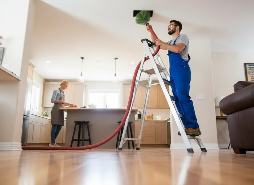 An HVAC tech cleaning a heating duct.