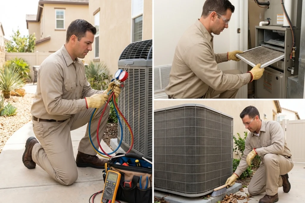 HVAC technician performing spring maintenance in Los Angeles home