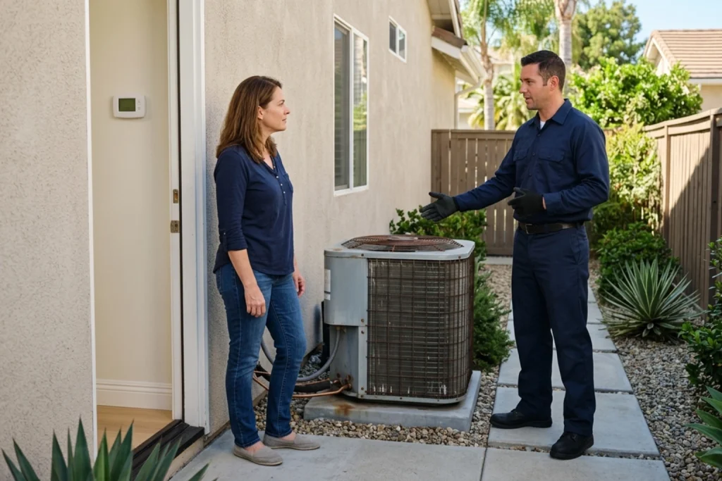 Homeowner deciding between AC repair and replacement.