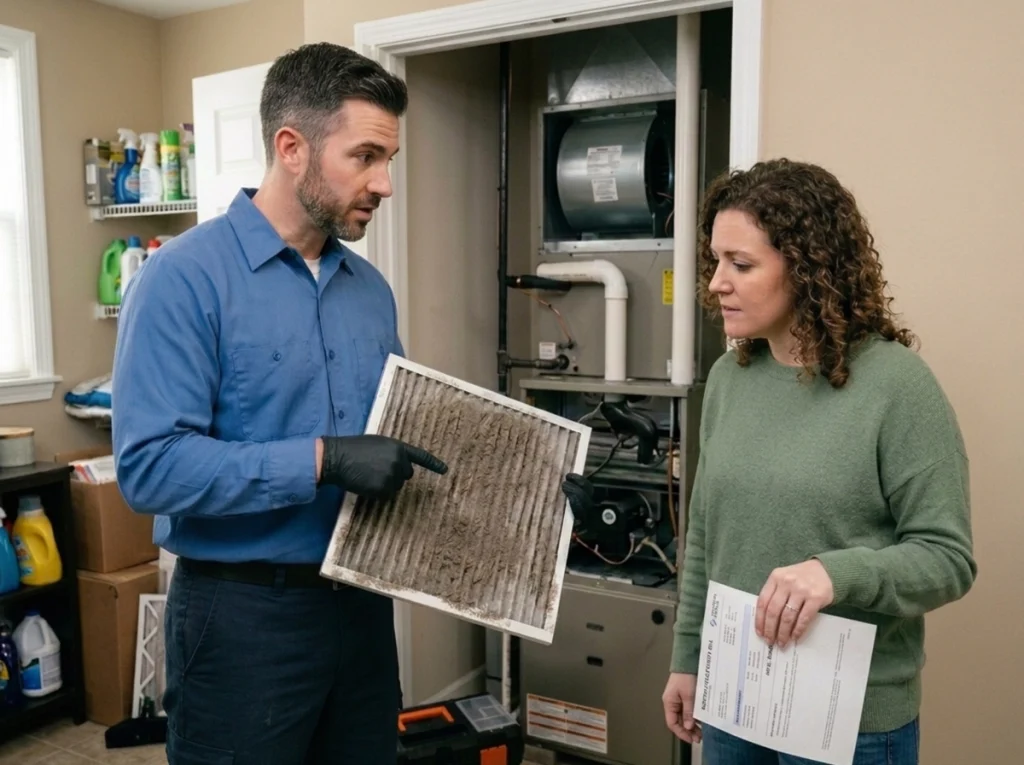 An HVAC tech showing a homeowner how dirty air filters effect electric bills.