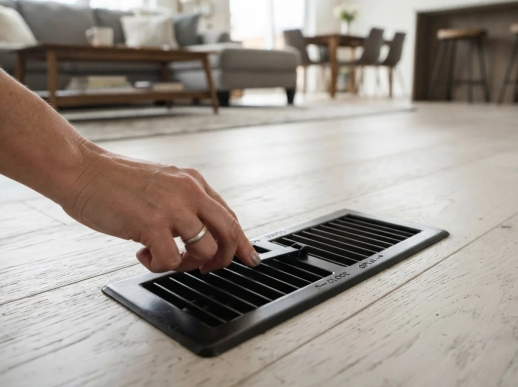 A homeowner closing an air-conditioning vent.
