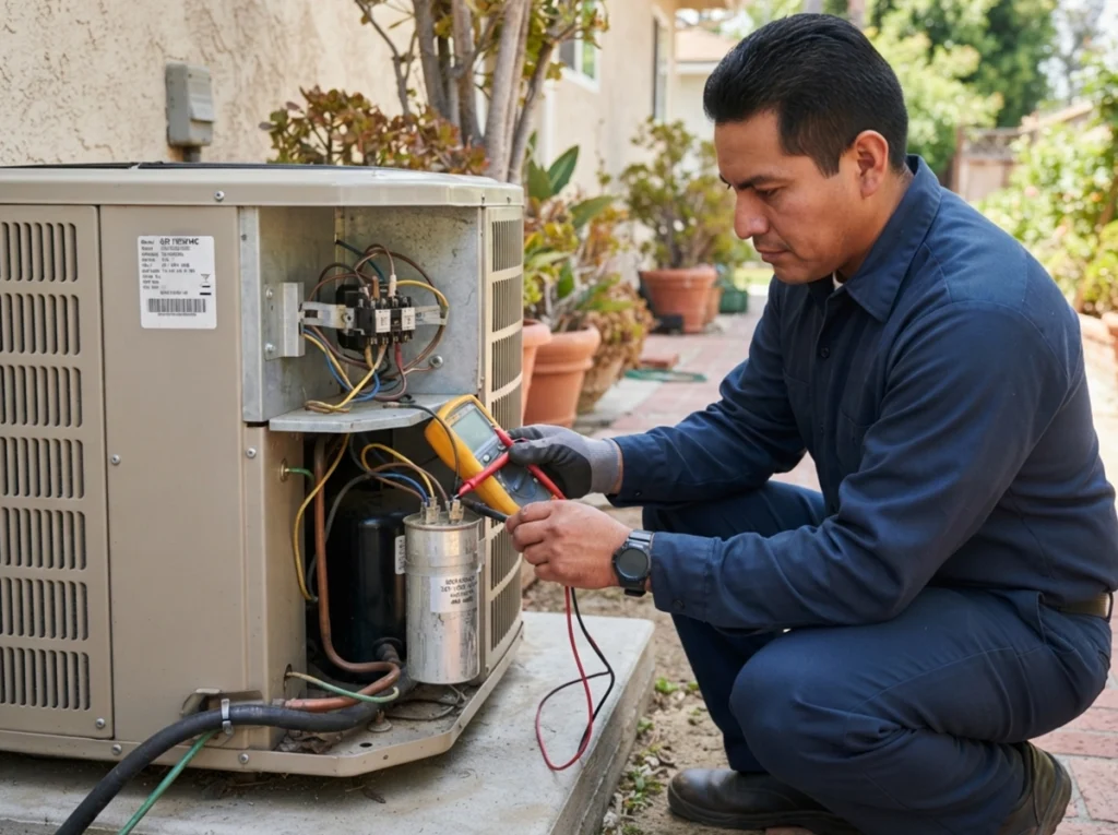 HVAC technician testing an AC capacitor after excessive runtime in Los Angeles