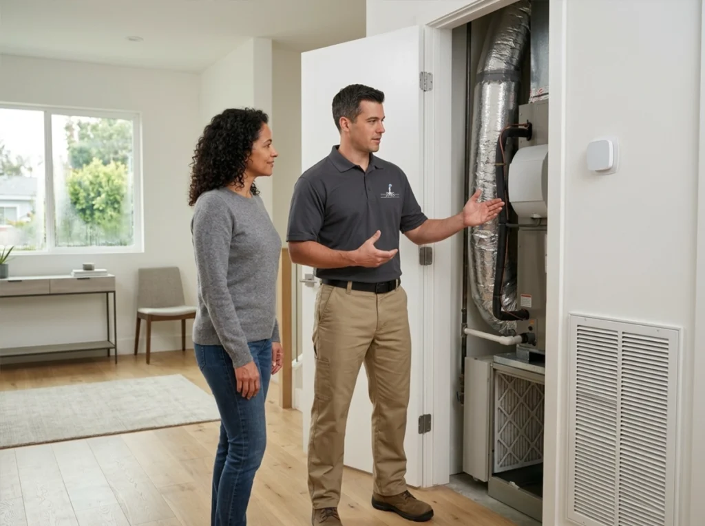 Los Angeles homeowner discussing indoor humidity and air quality with HVAC technician