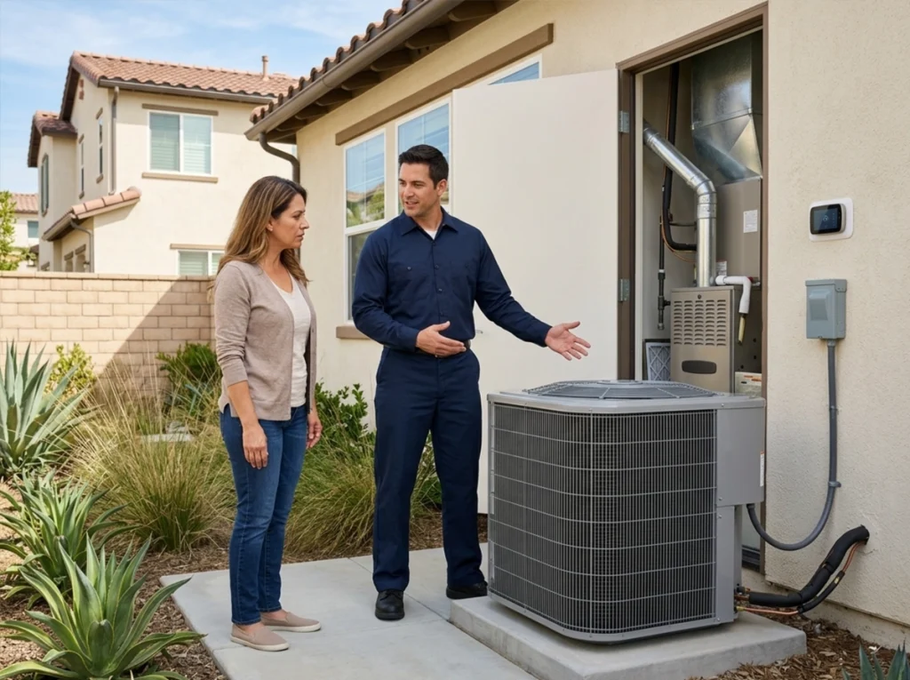 Los Angeles homeowner discussing seasonal HVAC maintenance with technician