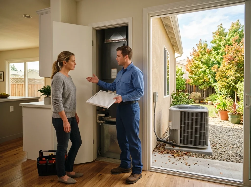 Los Angeles homeowner reviewing an end-of-summer AC check with HVAC technician